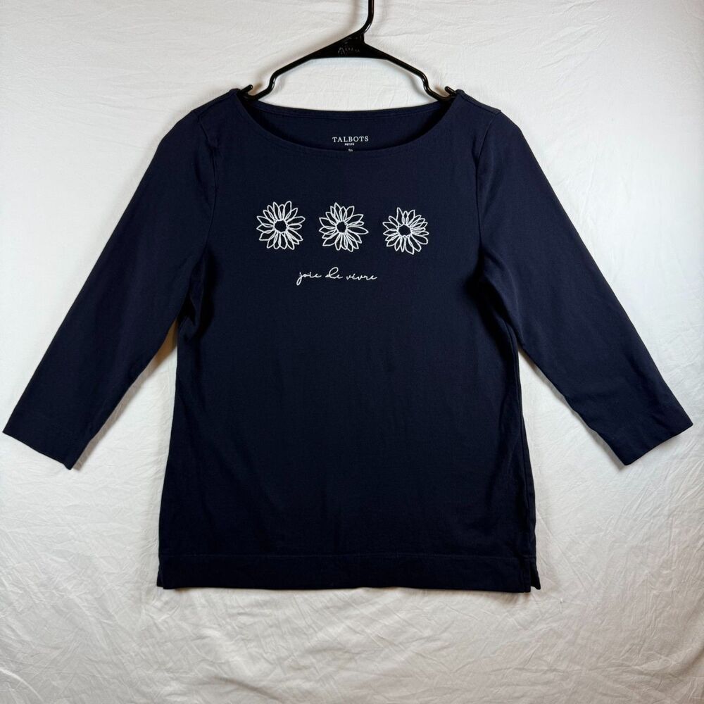 Talbots Petite Navy "Joie de Vivre" Daisy Embroidered Boatneck Top Size SP